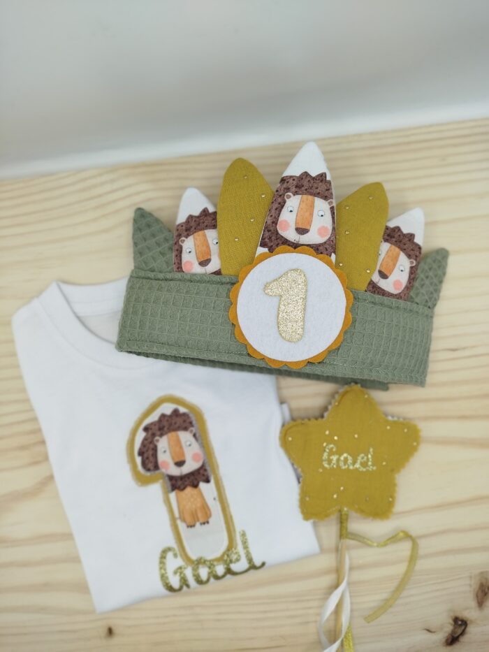 Pack cumpleaños  Leon y ratón (corona + camiseta)