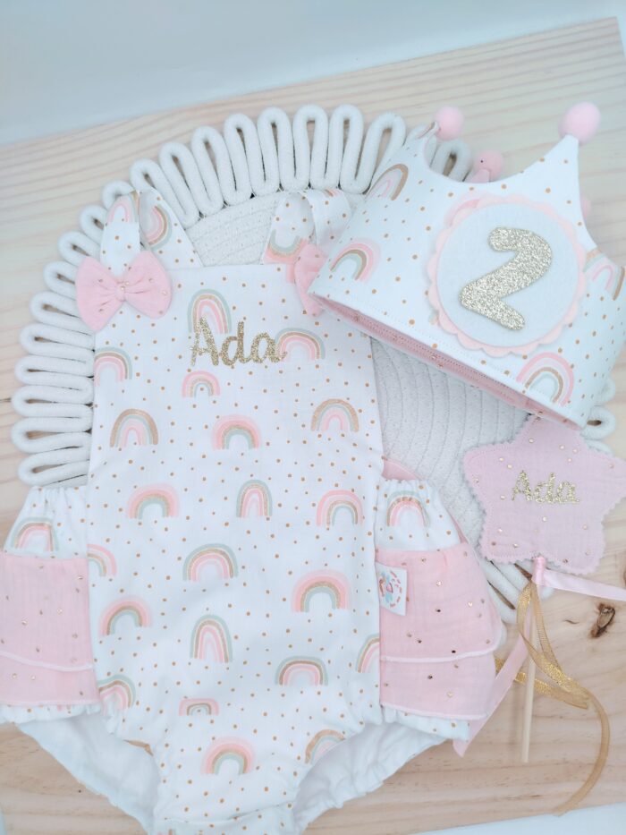 Pack cumpleaños peto doble volante, arcoiris brilli. - Imagen 5