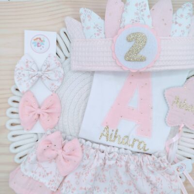 Pack cumpleaños doble volante Flor de Cerezo, corona india.